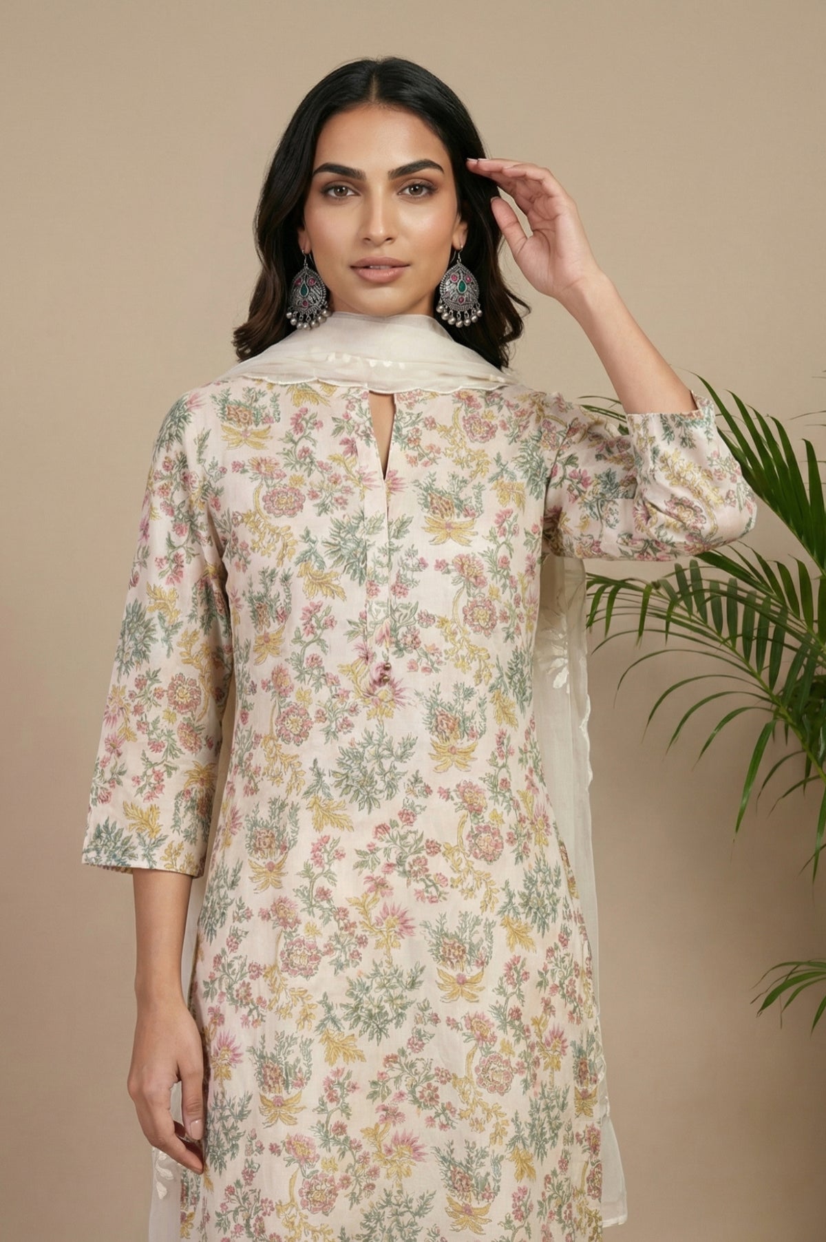 Off White Thread Embroidered Organza Dupatta
