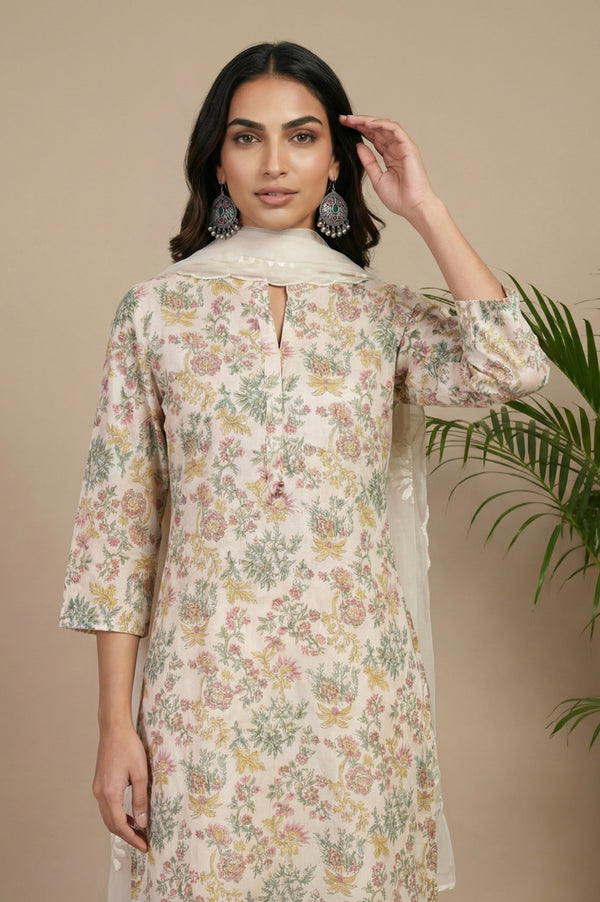 Off White Thread Embroidered Organza Dupatta