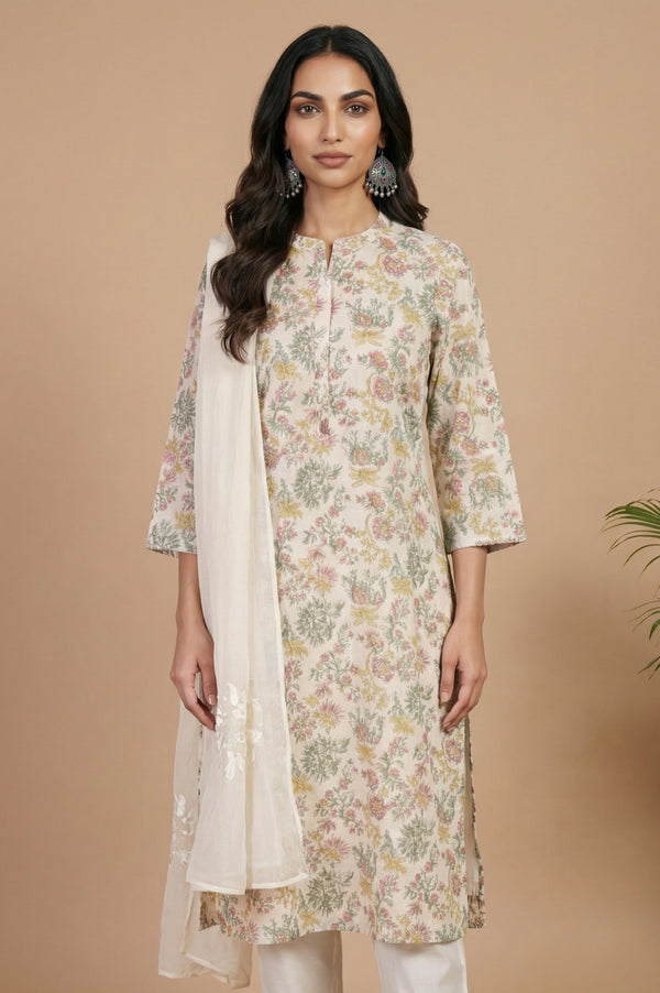 Off White Thread Embroidered Organza Dupatta