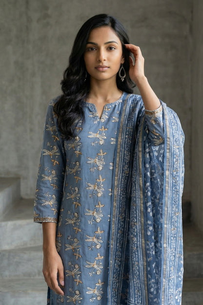 Indigo Blue Block Printed Cotton Silk Kota Dupatta with Zari Border