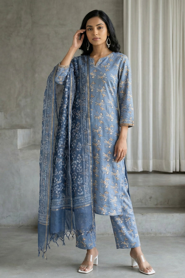 Indigo Blue Block Printed Cotton Silk Kota Dupatta with Zari Border
