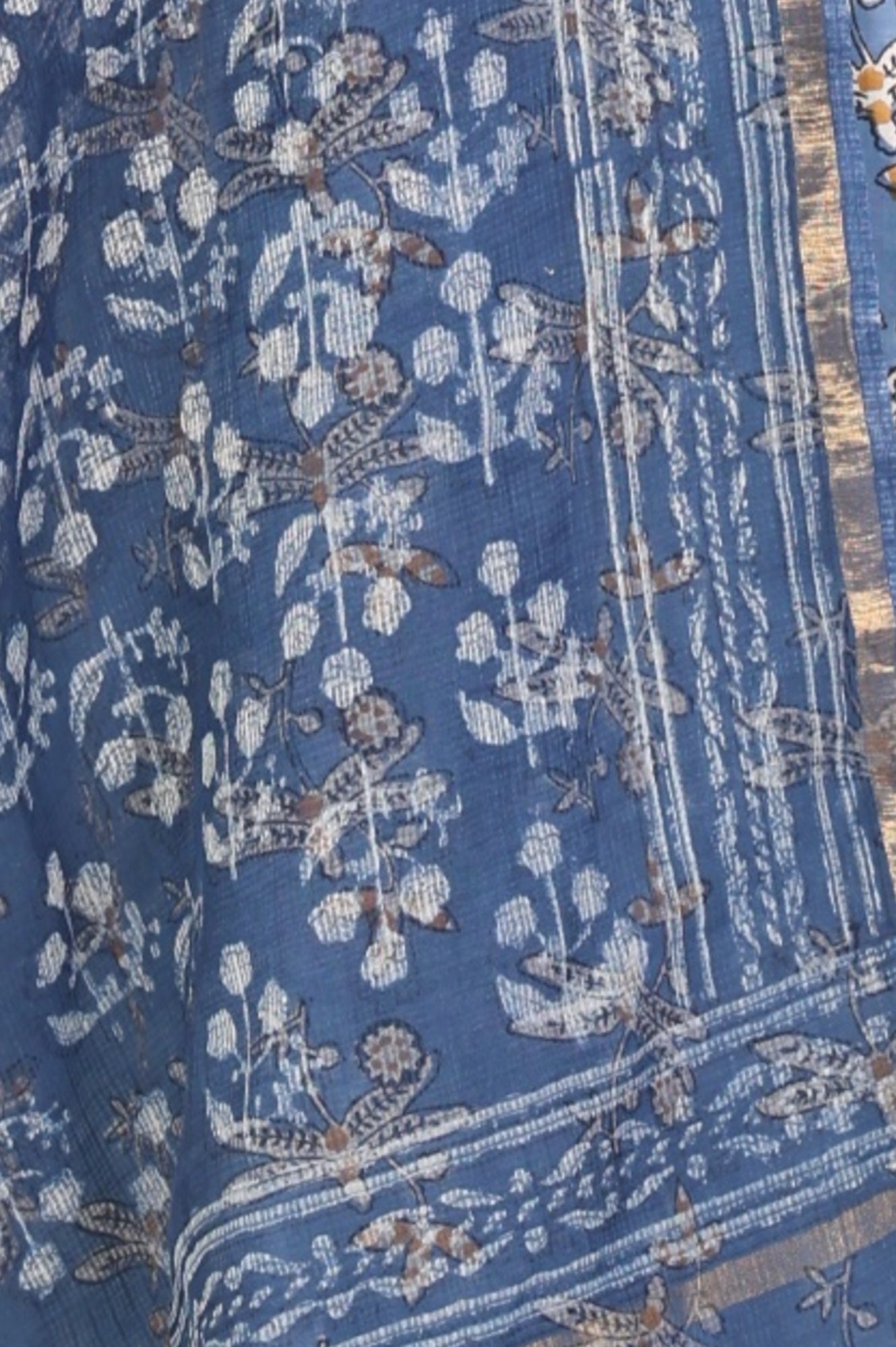 Indigo Blue Block Printed Cotton Silk Kota Dupatta with Zari Border