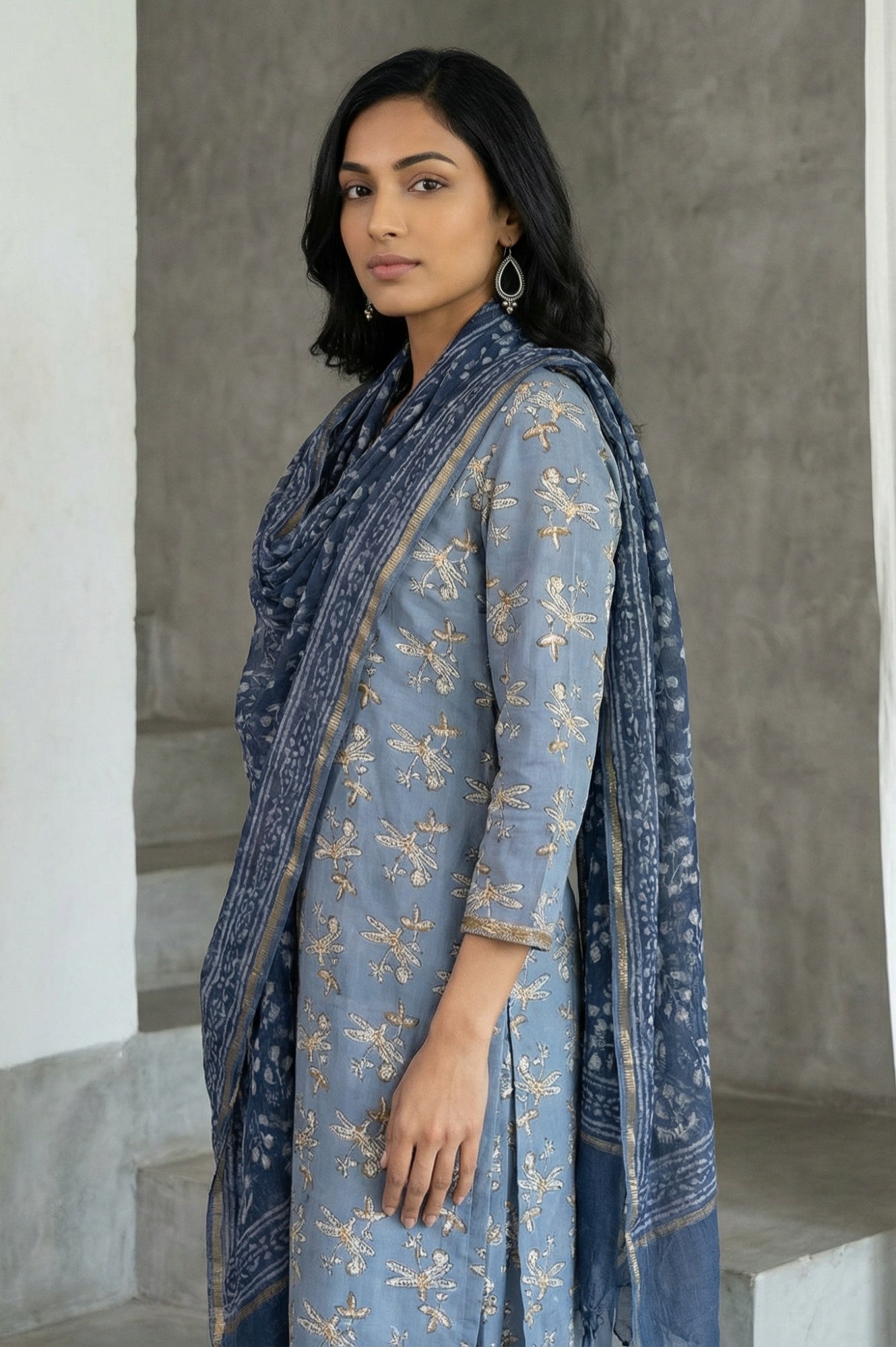 Indigo Blue Block Printed Cotton Silk Kota Dupatta with Zari Border