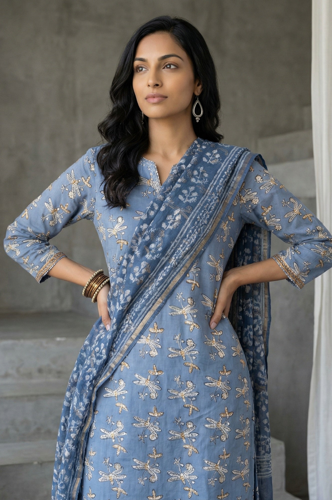 Indigo Blue Block Printed Cotton Silk Kota Dupatta with Zari Border
