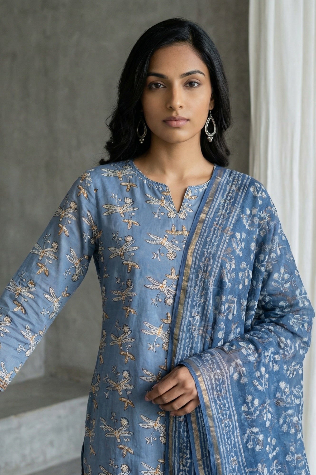 Indigo Blue Block Printed Cotton Silk Kota Dupatta with Zari Border