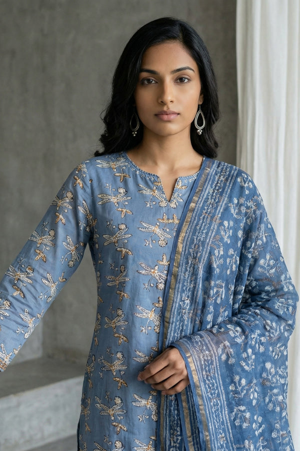 Indigo Blue Block Printed Cotton Silk Kota Dupatta with Zari Border