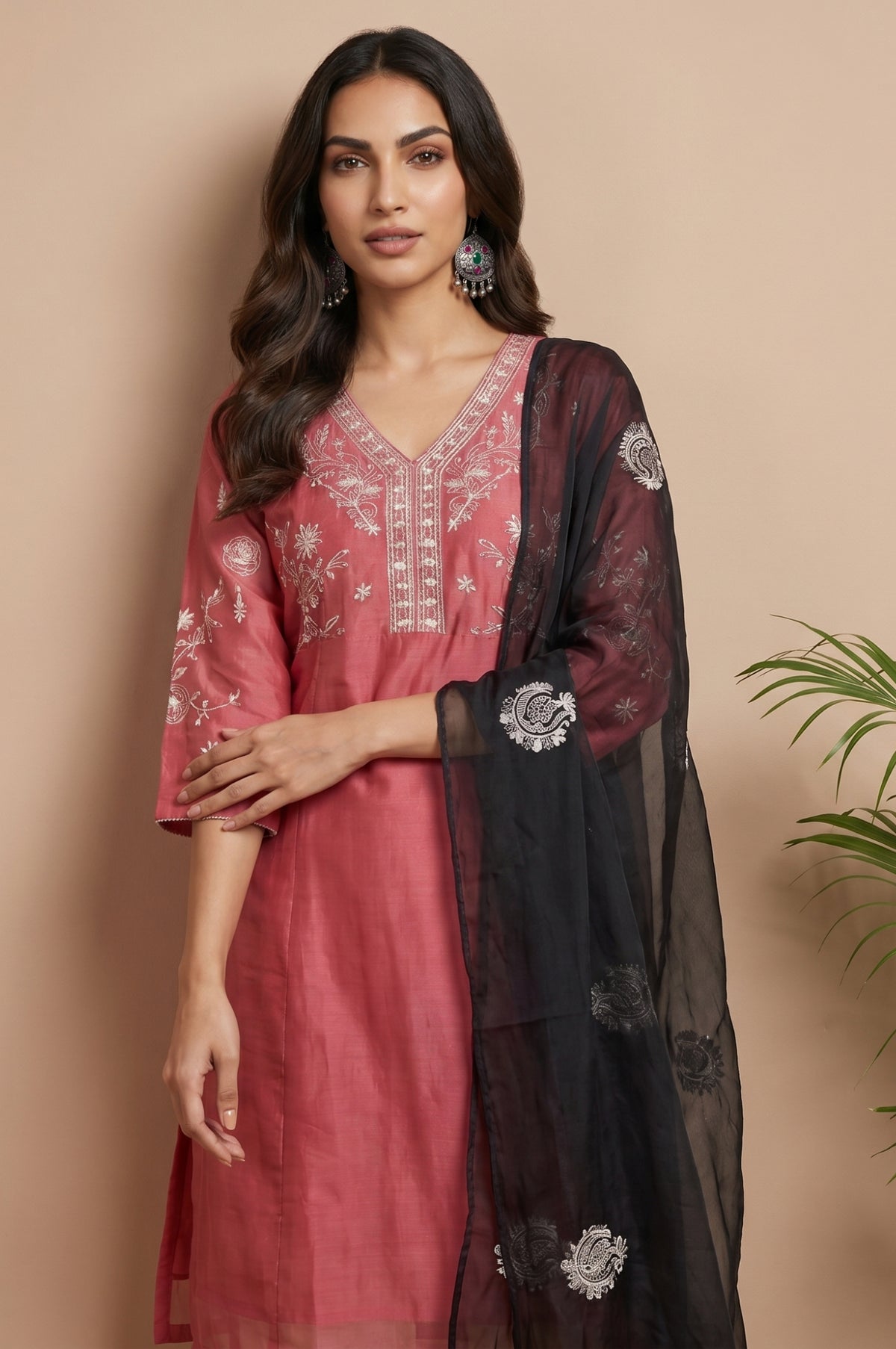 Black Thread Embroidered Organza Dupatta - FS