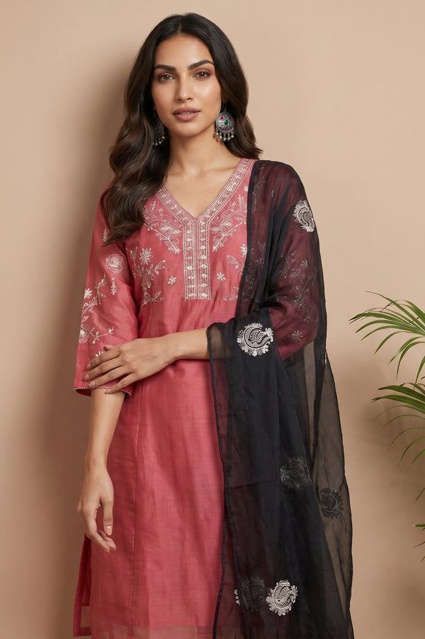 Black Thread Embroidered Organza Dupatta