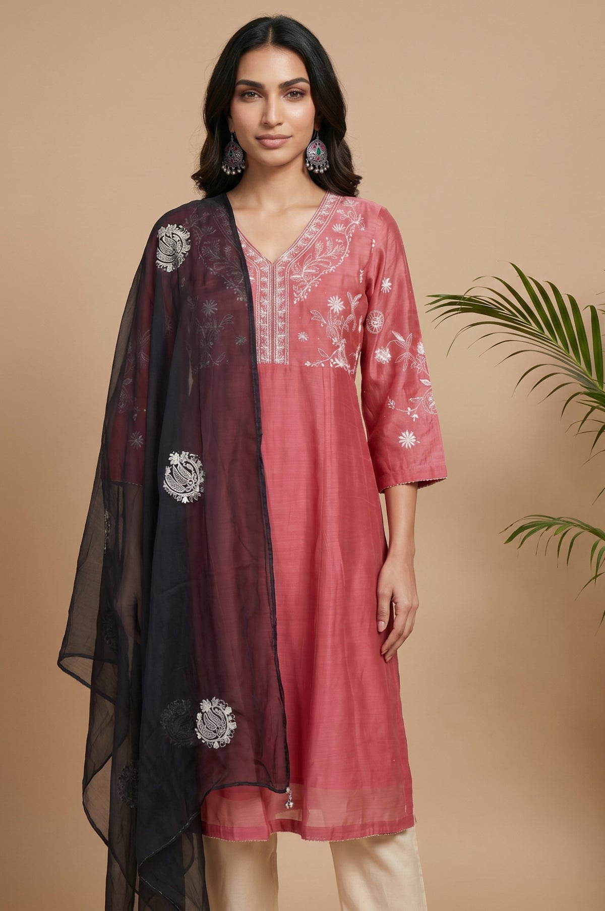 Black Thread Embroidered Organza Dupatta