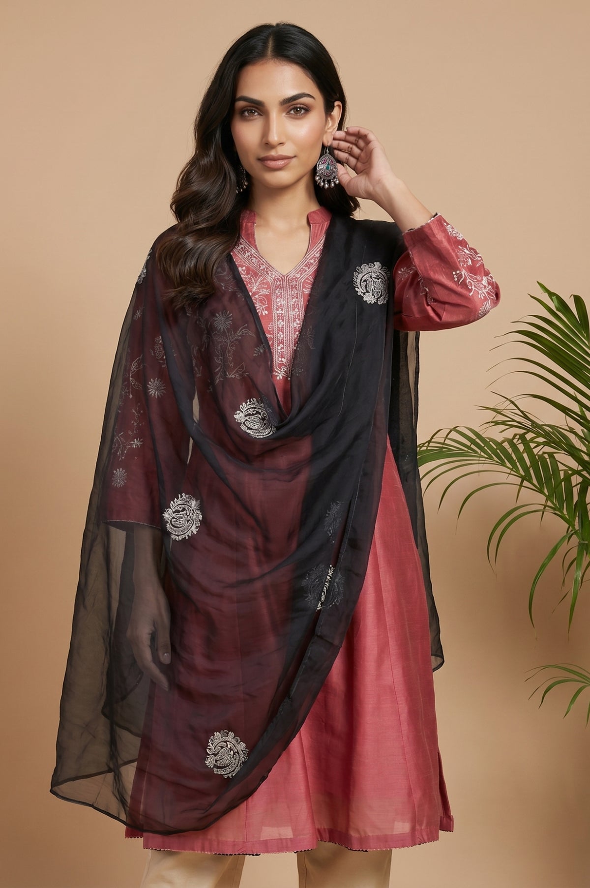 Black Thread Embroidered Organza Dupatta