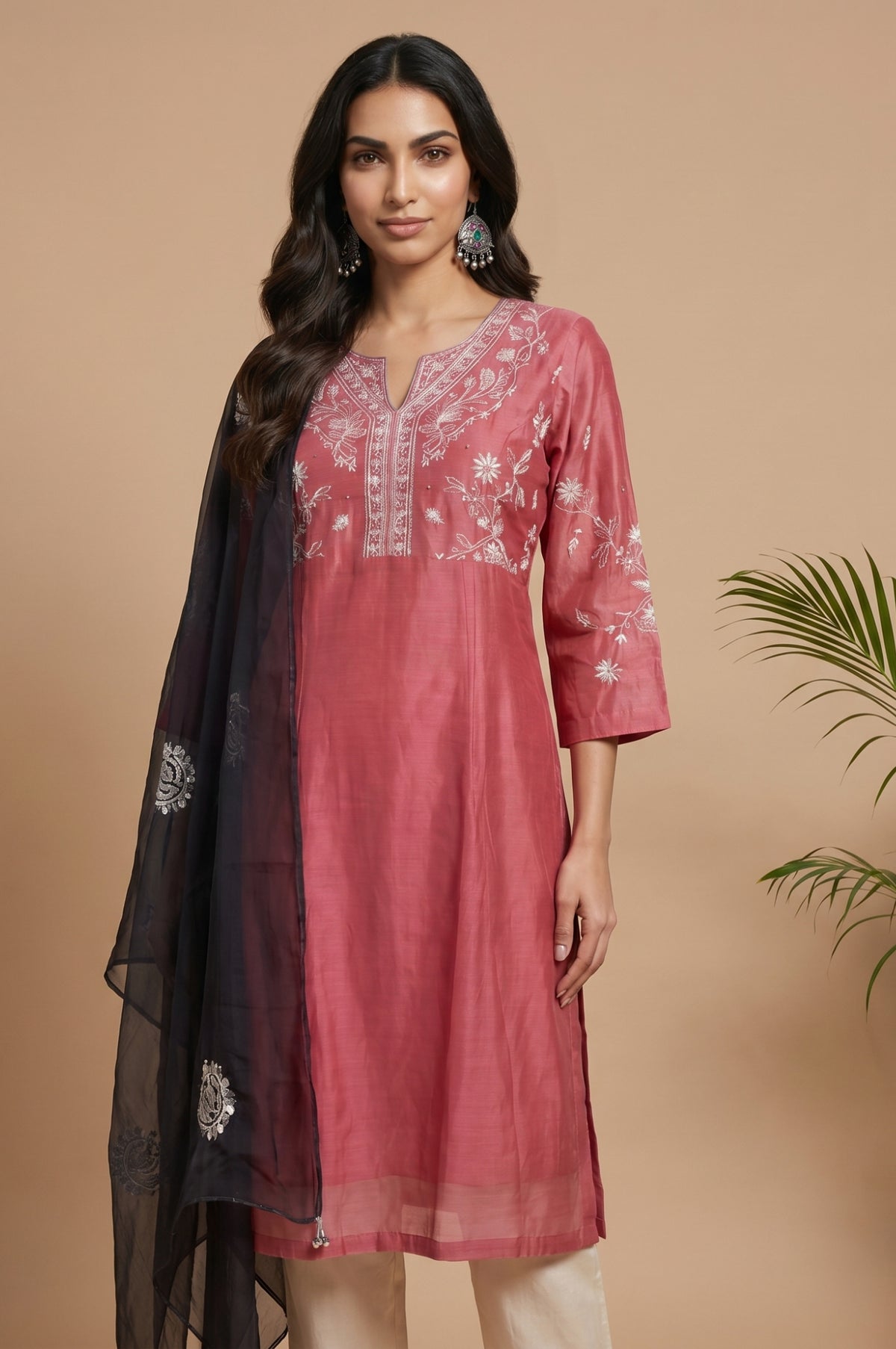 Black Thread Embroidered Organza Dupatta