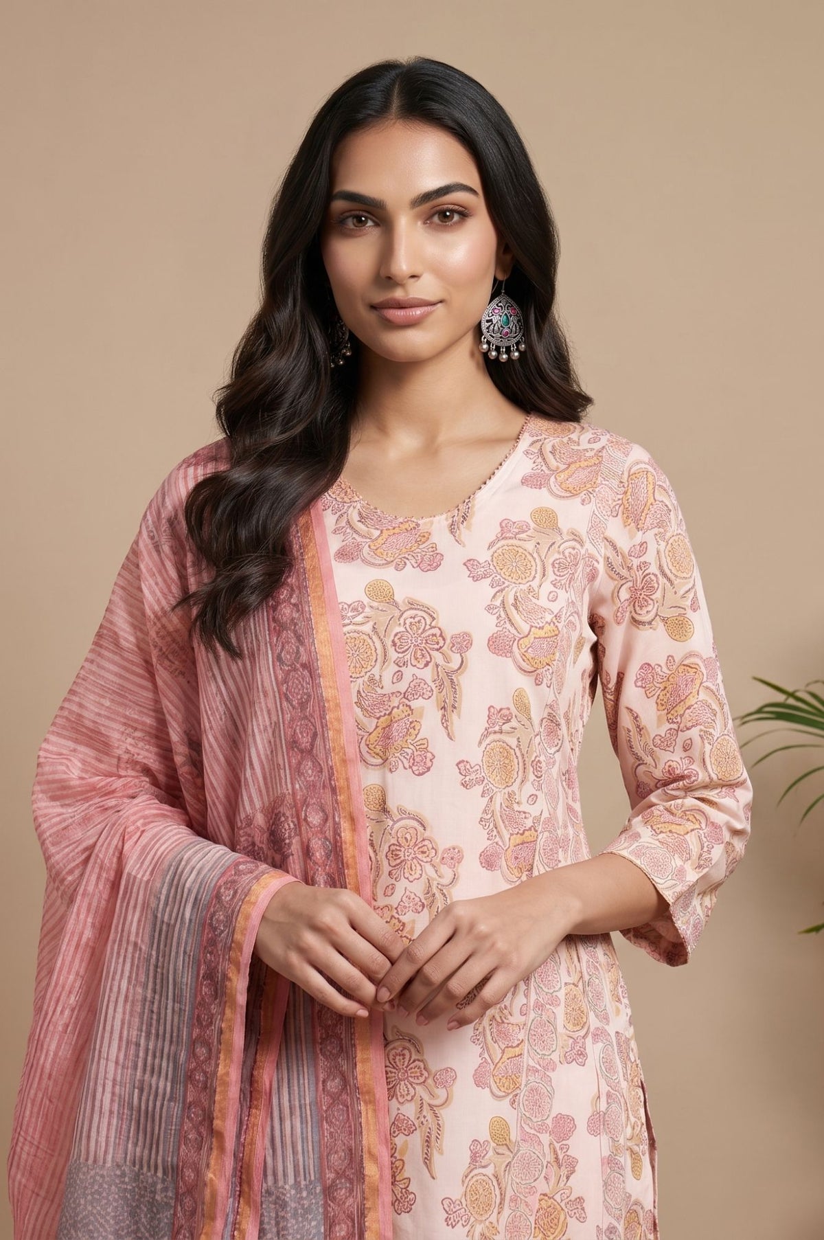 Pink Zari Striped Printed Cotton Silk Kota Dupatta