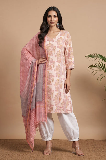 Pink Zari Striped Printed Cotton Silk Kota Dupatta