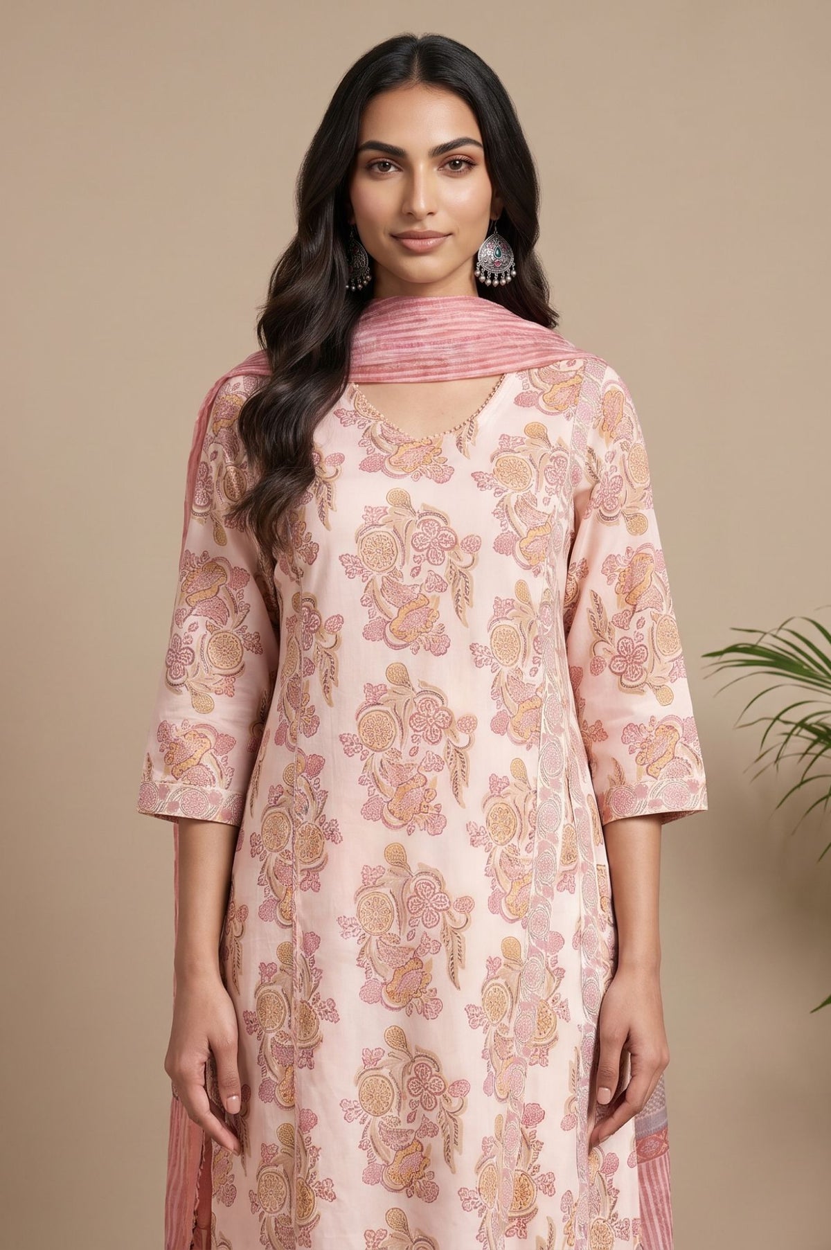Pink Zari Striped Printed Cotton Silk Kota Dupatta