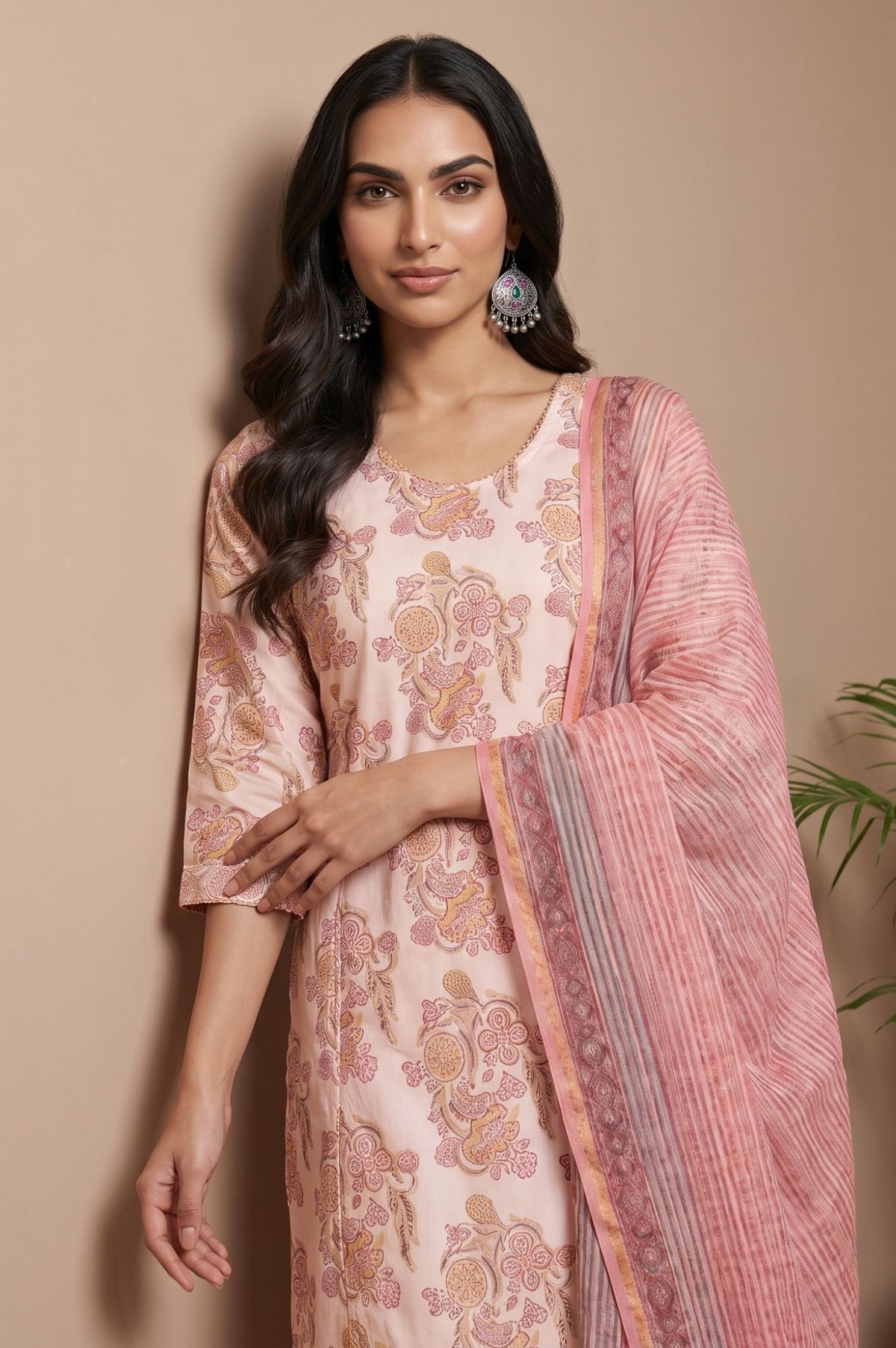 Pink Zari Striped Printed Cotton Silk Kota Dupatta