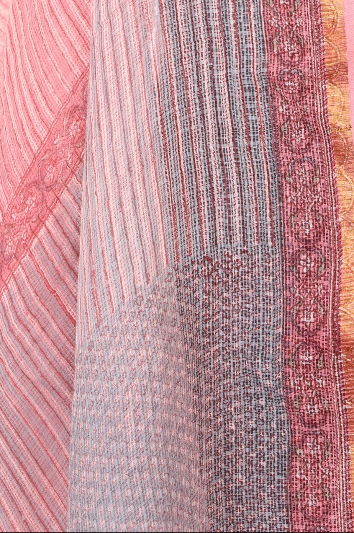 Pink Zari Striped Printed Cotton Silk Kota Dupatta