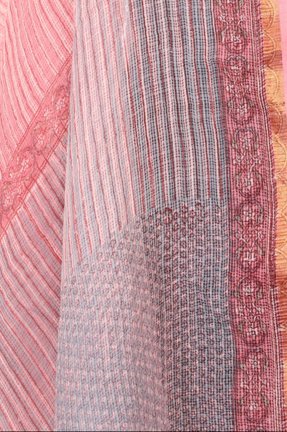 Pink Zari Striped Printed Cotton Silk Kota Dupatta