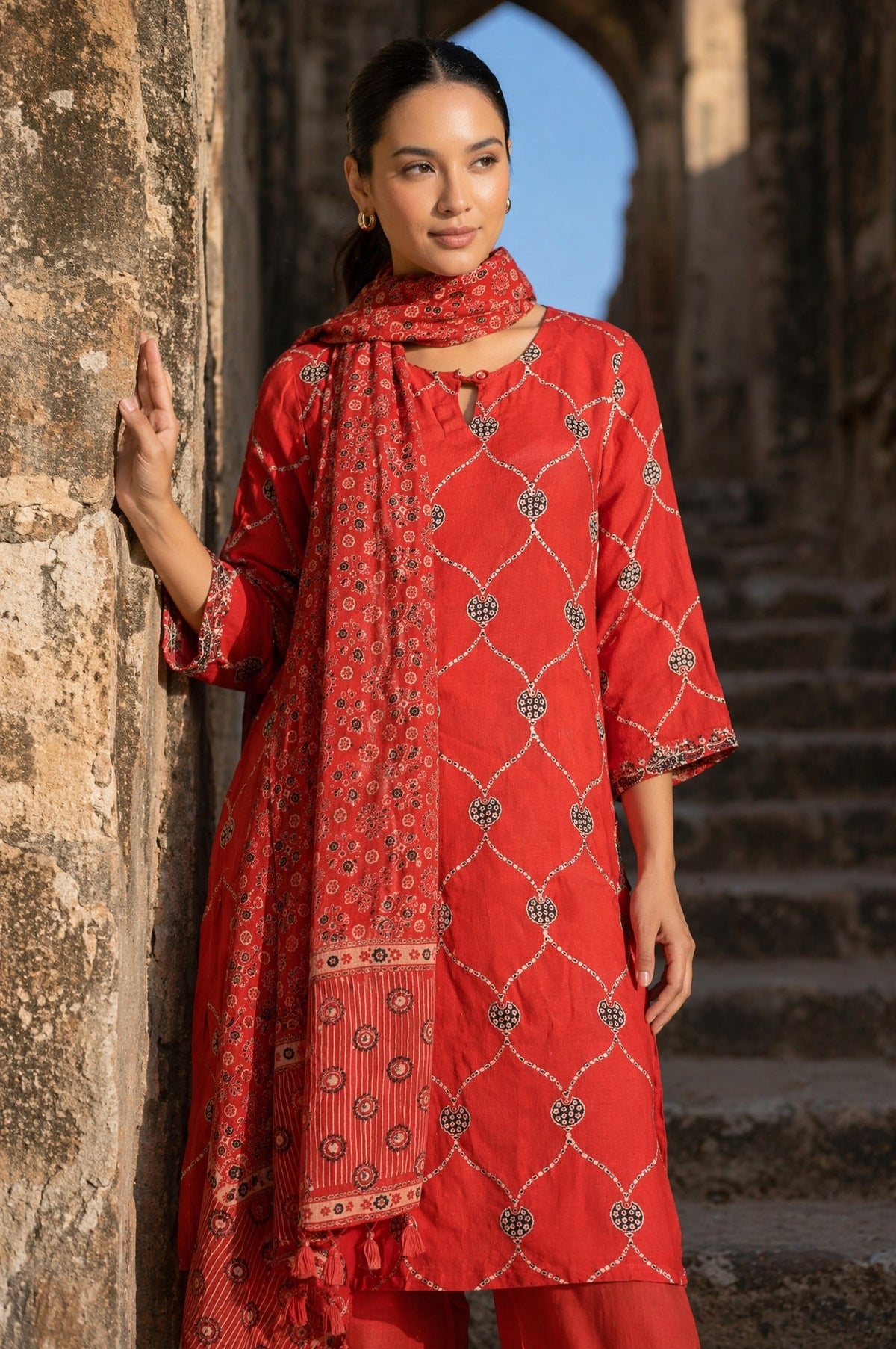 Red Ethnic Motifs Printed Modal Satin Dupatta - FS