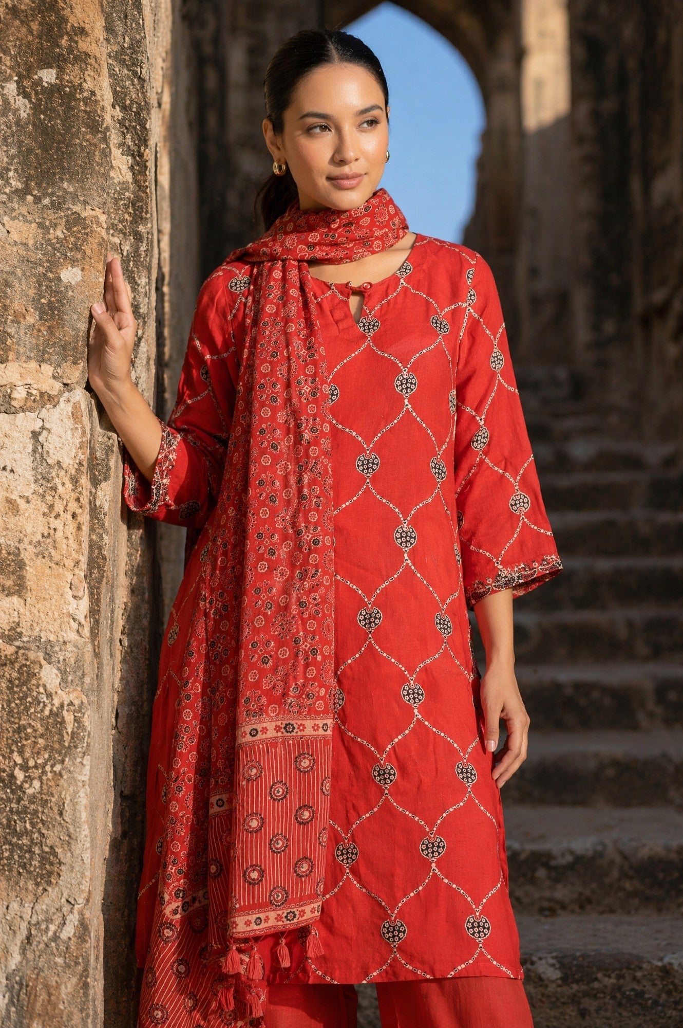 Red Ethnic Motifs Printed Modal Satin Dupatta