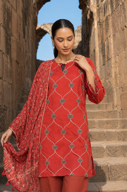 Red Ethnic Motifs Printed Modal Satin Dupatta