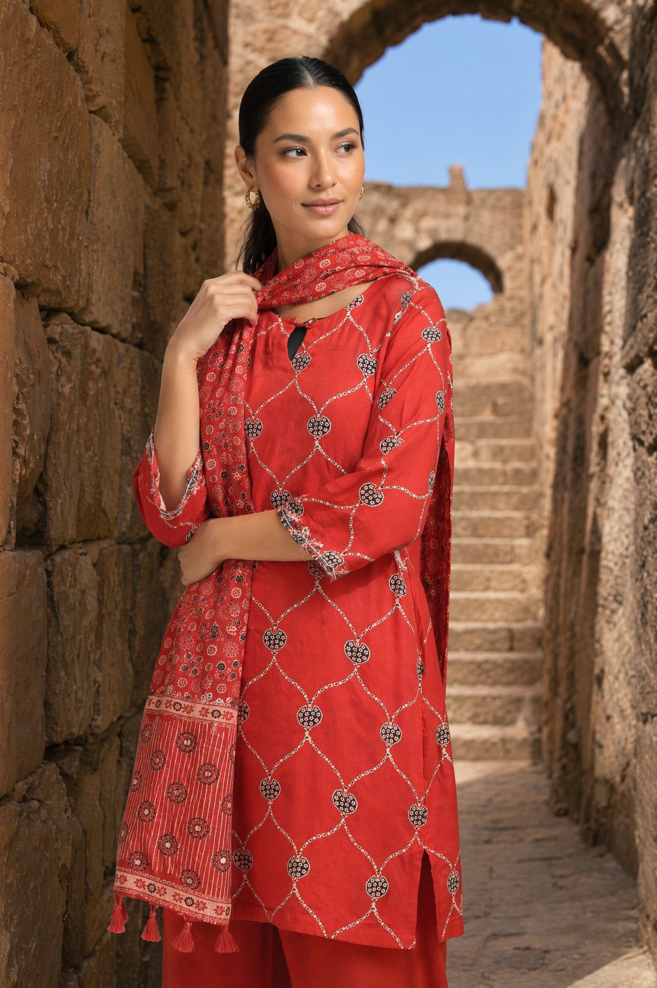Red Ethnic Motifs Printed Modal Satin Dupatta