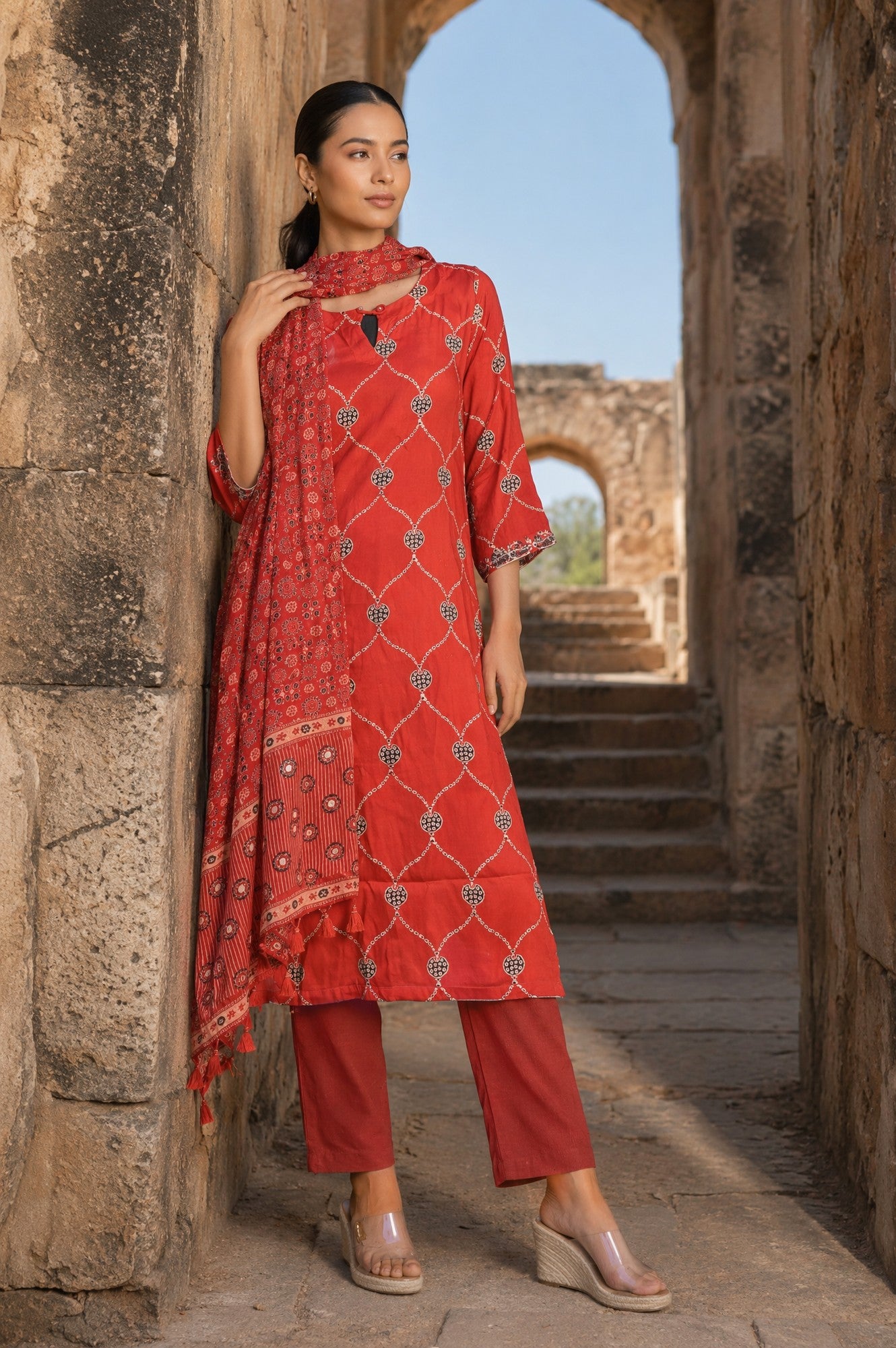 Red Ethnic Motifs Printed Modal Satin Dupatta