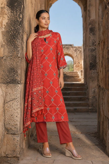 Red Ethnic Motifs Printed Modal Satin Dupatta