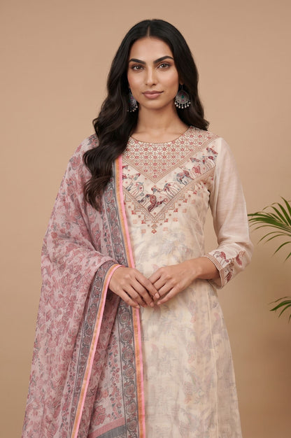 Pink Floral Printed Zari Embroidered Cotton Silk Kota Dupatta