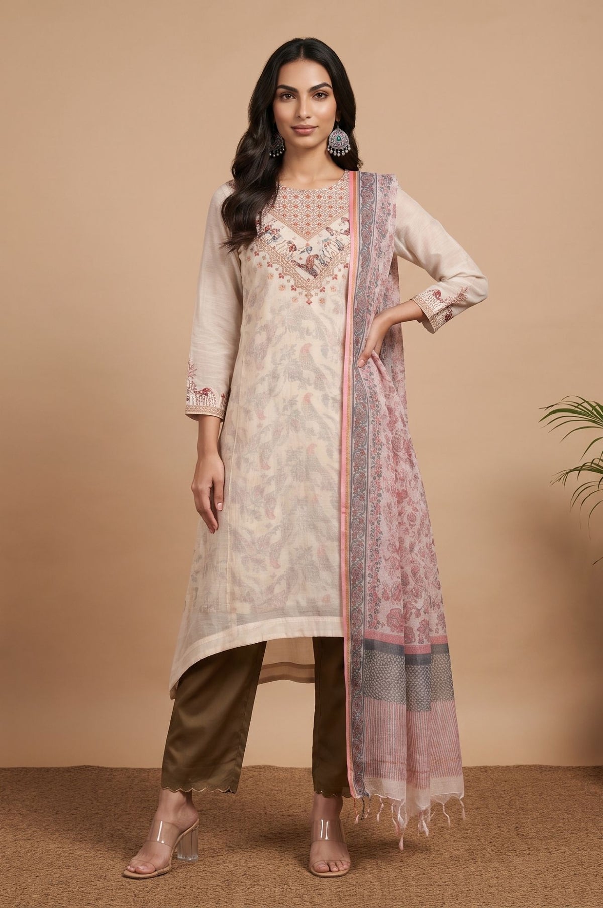 Pink Floral Printed Zari Embroidered Cotton Silk Kota Dupatta