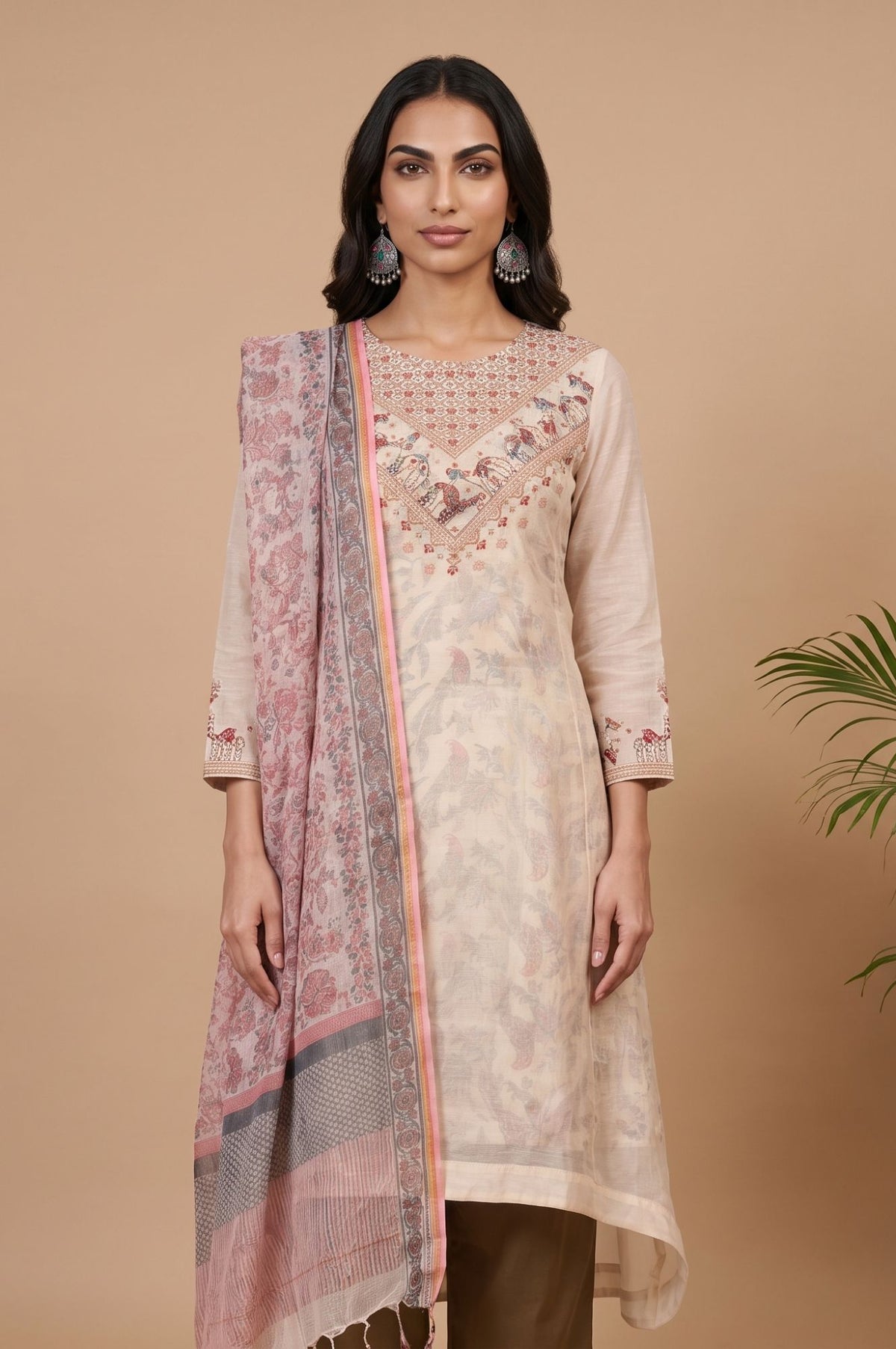 Pink Floral Printed Zari Embroidered Cotton Silk Kota Dupatta