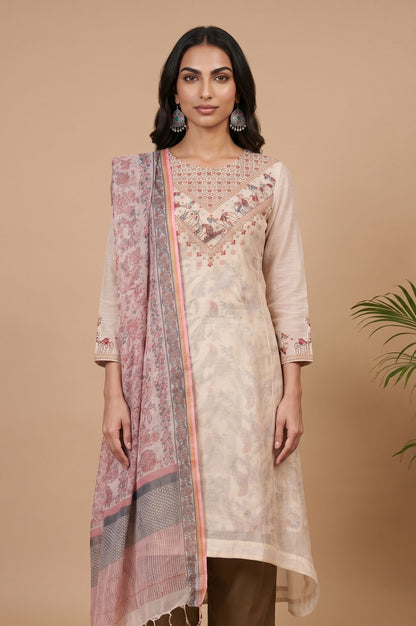 Pink Floral Printed Zari Embroidered Cotton Silk Kota Dupatta