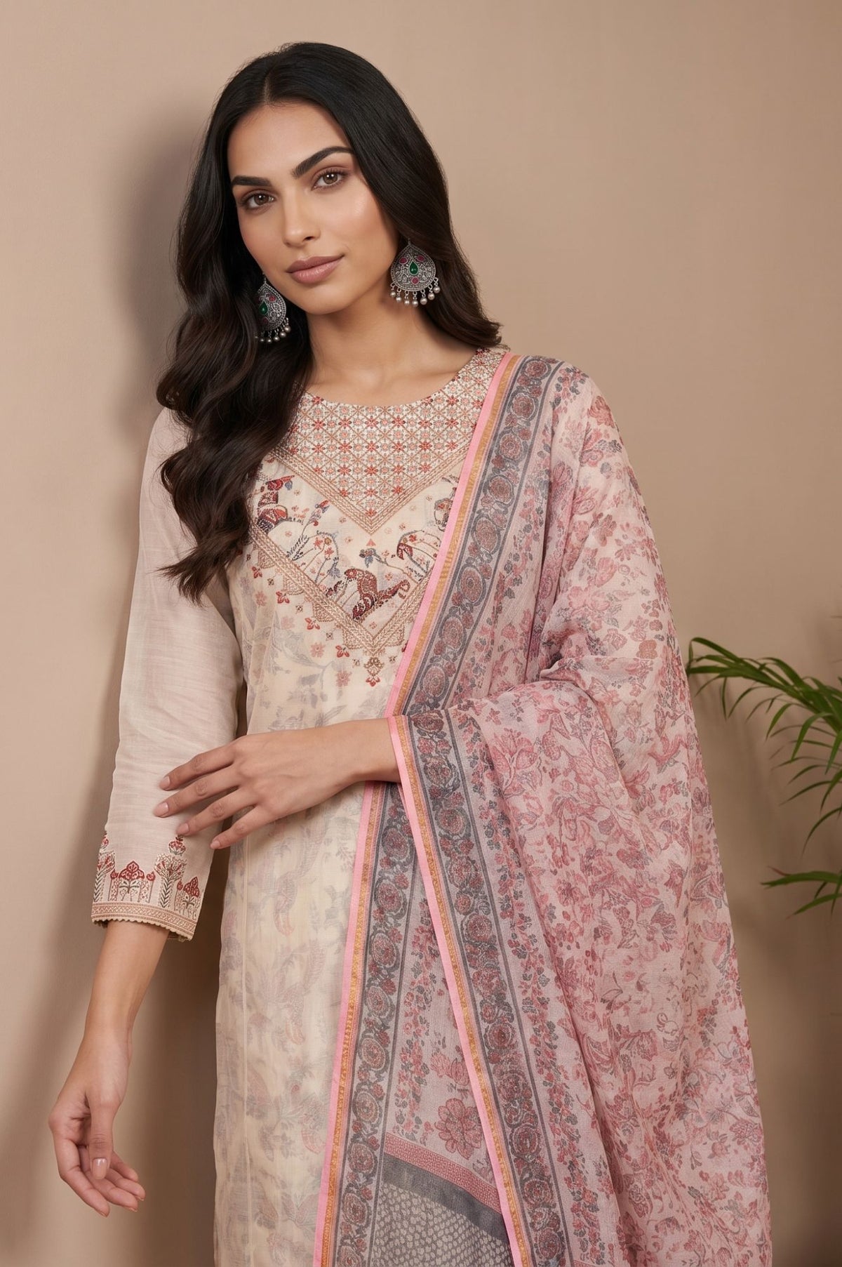 Pink Floral Printed Zari Embroidered Cotton Silk Kota Dupatta