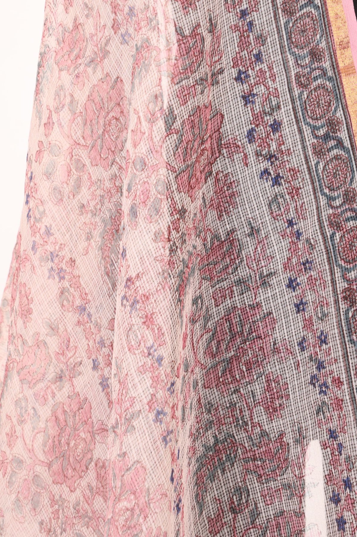 Pink Floral Printed Zari Embroidered Cotton Silk Kota Dupatta