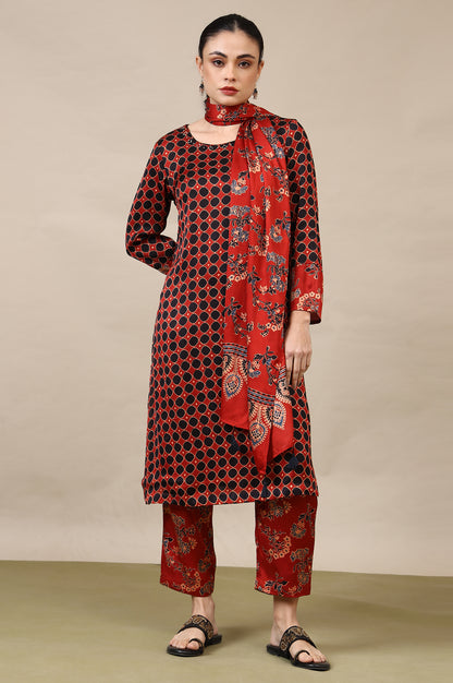 Red Ajrakh Printed Kurta, Straight Pants and Dupatta Set in Modal Satin