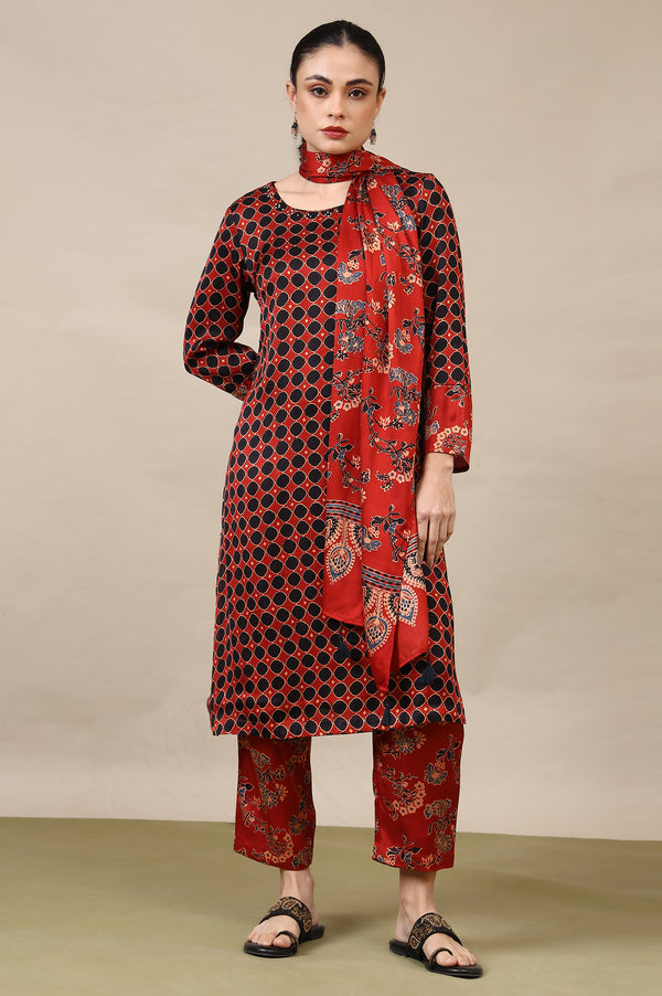 Red Ajrakh Printed Kurta, Straight Pants and Dupatta Set in Modal Satin