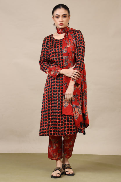 Red Ajrakh Printed Kurta, Straight Pants and Dupatta Set in Modal Satin
