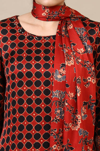 Red Ajrakh Printed Kurta, Straight Pants and Dupatta Set in Modal Satin