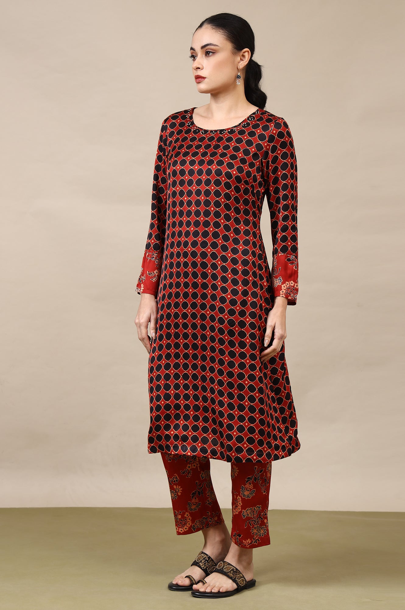 Red Ajrakh Printed Kurta, Straight Pants and Dupatta Set in Modal Satin