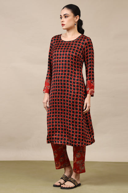 Red Ajrakh Printed Kurta, Straight Pants and Dupatta Set in Modal Satin