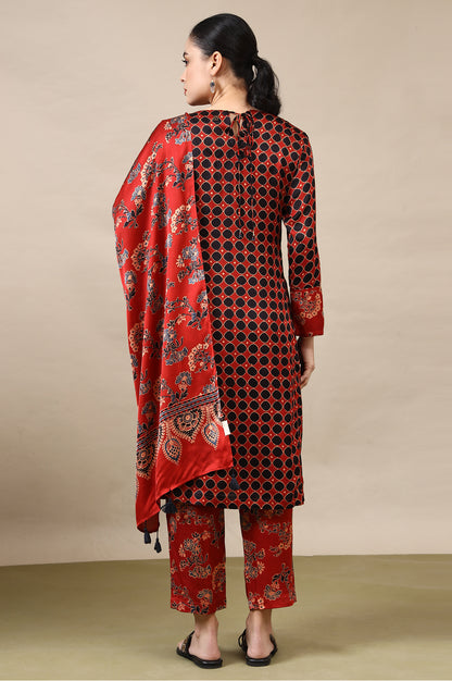 Red Ajrakh Printed Kurta, Straight Pants and Dupatta Set in Modal Satin