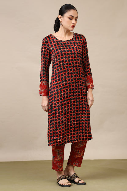Red Ajrakh Printed Kurta, Straight Pants and Dupatta Set in Modal Satin