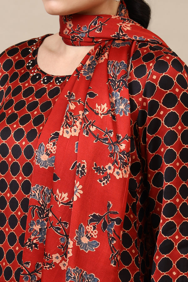 Red Ajrakh Printed Kurta, Straight Pants and Dupatta Set in Modal Satin