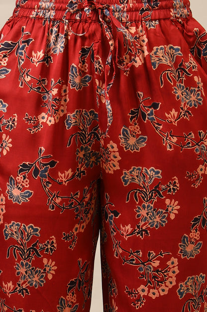Red Ajrakh Printed Kurta, Straight Pants and Dupatta Set in Modal Satin