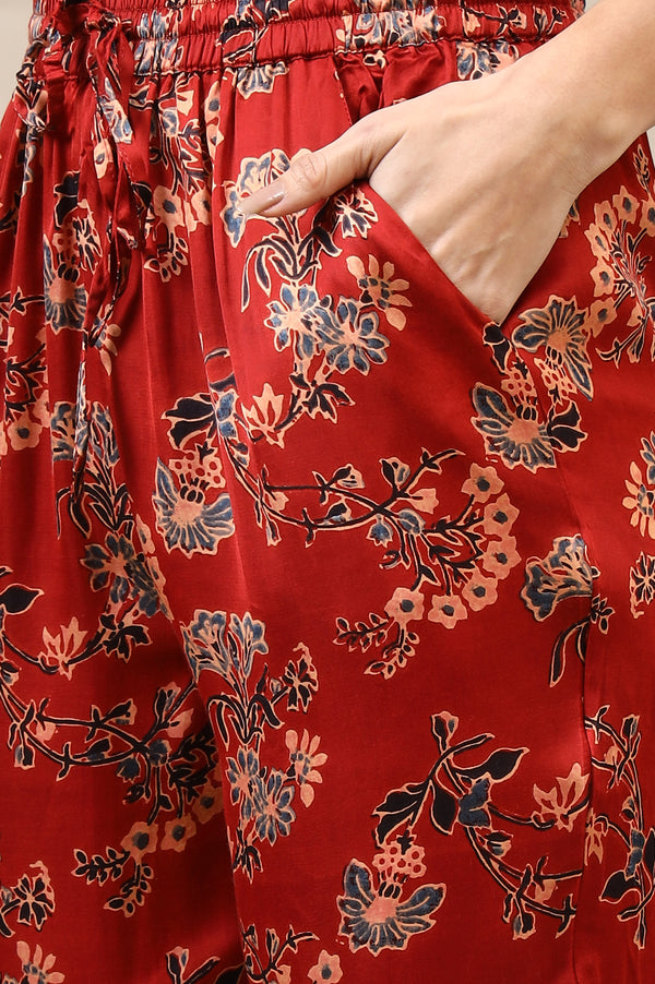Red Ajrakh Printed Kurta, Straight Pants and Dupatta Set in Modal Satin