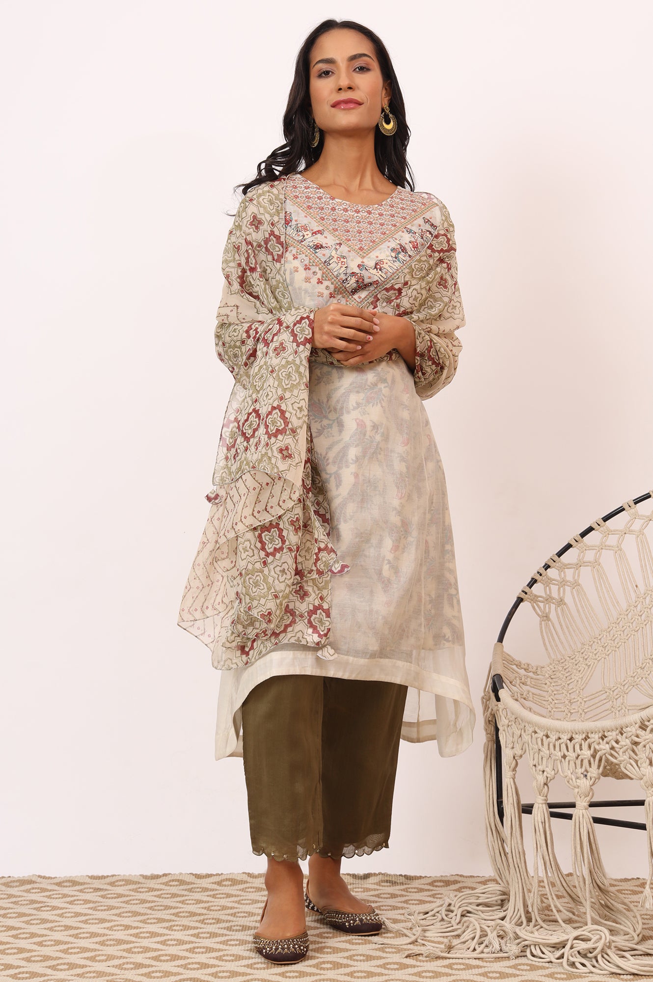 Ecru Cotton Silk Appliqué Embroidered Kurta, Pants and Dupatta Set