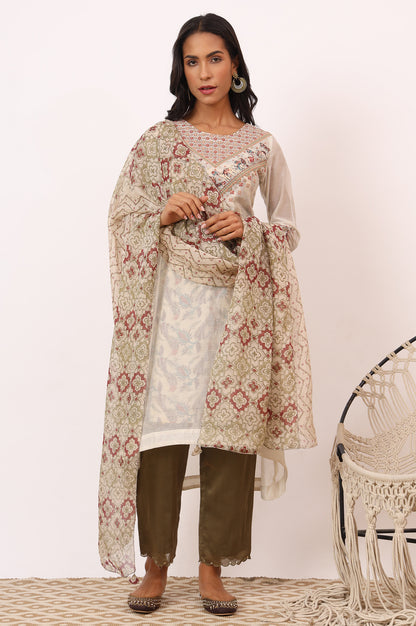 Ecru Cotton Silk Appliqué Embroidered Kurta, Pants and Dupatta Set
