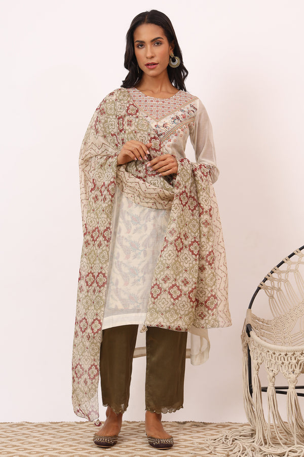 Ecru Cotton Silk Appliqué Embroidered Kurta, Pants and Dupatta Set