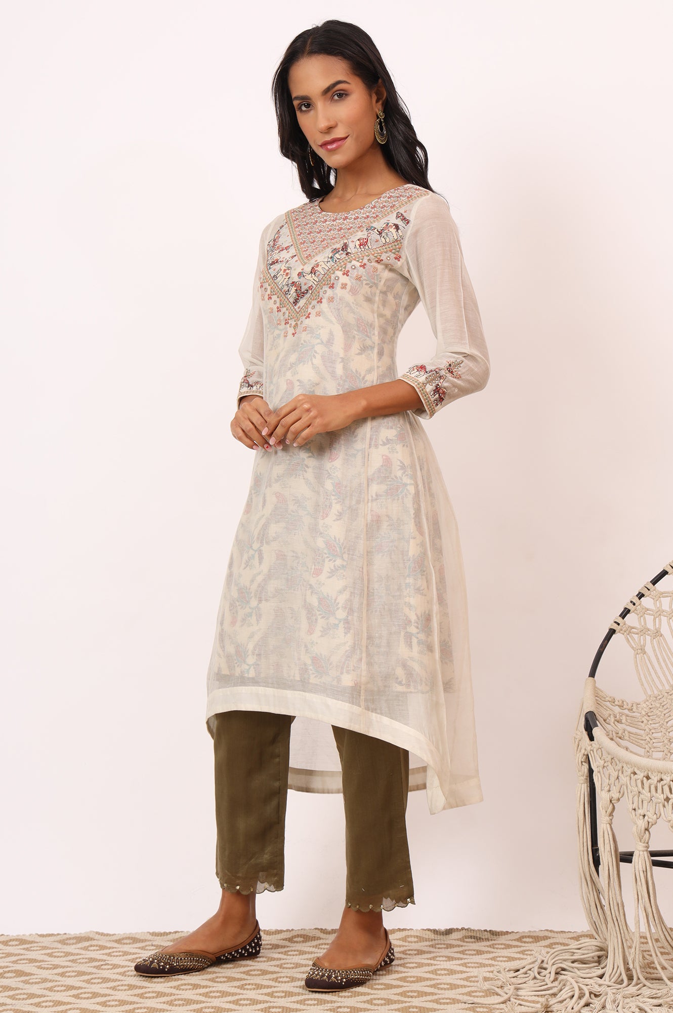 Ecru Cotton Silk Appliqué Embroidered Kurta, Pants and Dupatta Set