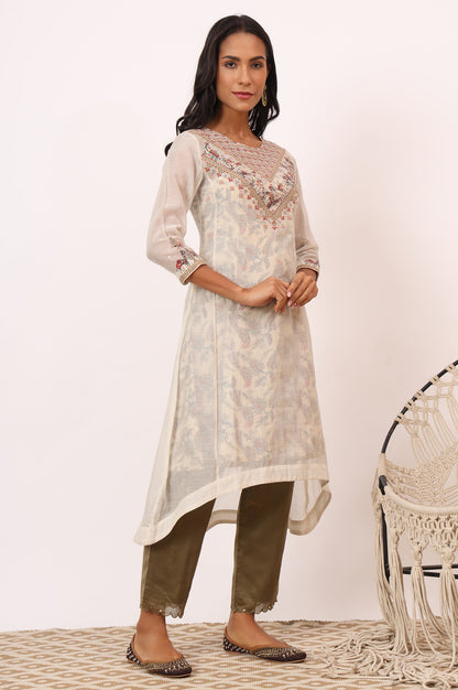 Ecru Cotton Silk Appliqué Embroidered Kurta, Pants and Dupatta Set