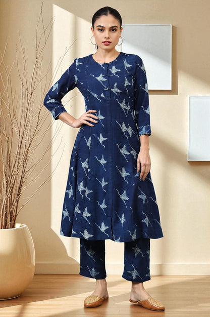 Indigo Handblock Printed Kurta and Straight Pants Set